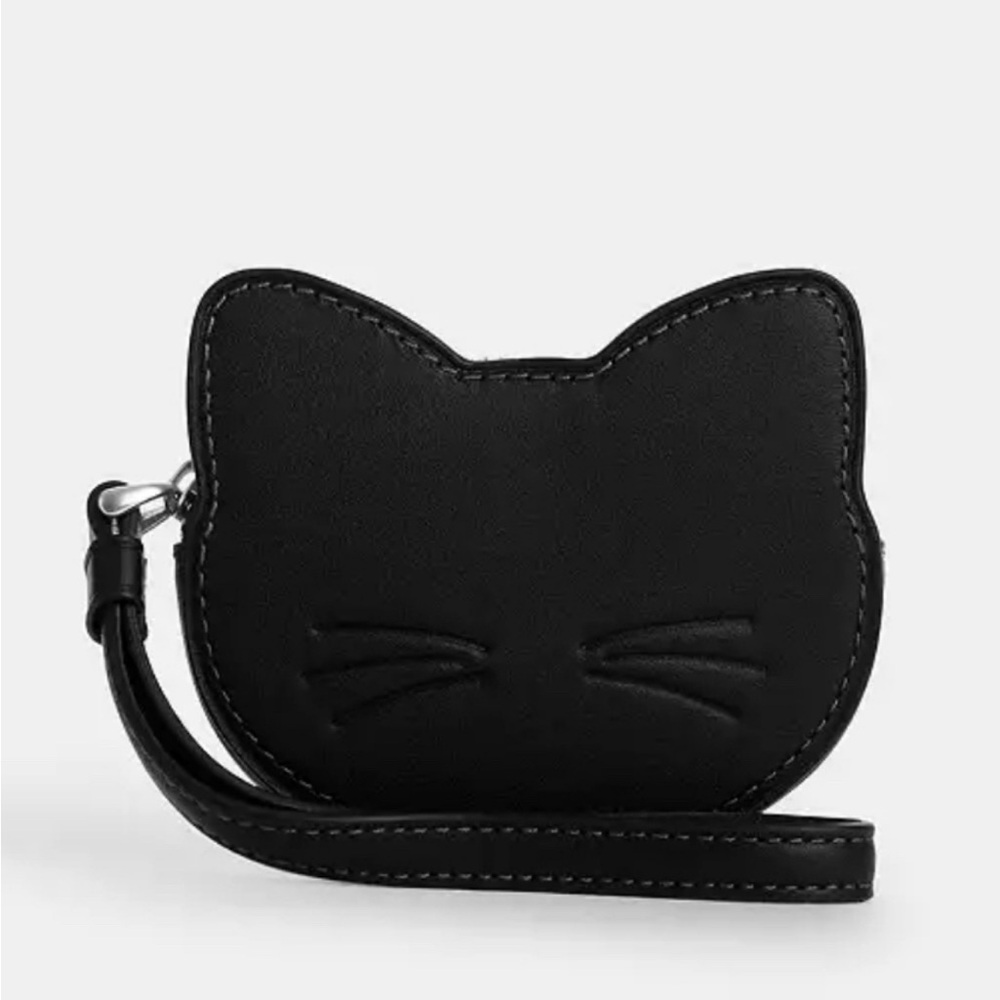 New Coach Halloween Cat Coin Case Wristlet in Silver/Black Glovetanned Leather